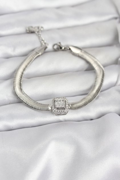 316L Steel Silver Color Baguette Zircon Stone Snake Chain Women's Bracelet Tj-Bb8155