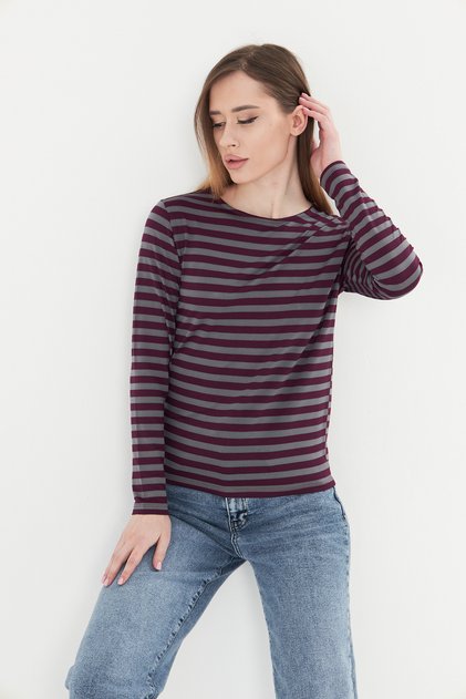 Boat Neck Long Sleeve Striped Basic Women's T-Shirt Comfortable and Stylish