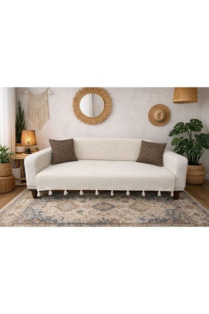 Buldan Tasseled Sofa Cover 160X230 | 100% Cotton, Patterned, Bohemian Classic