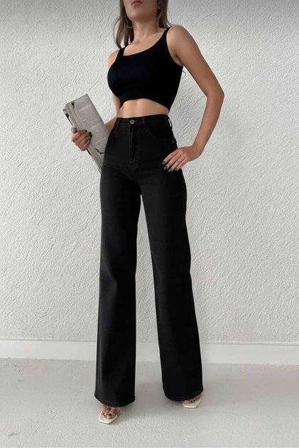 Super High Waist Black Loose Women's Ice Blue Snow Wash Stretch Fabric Loose Leg Denim Jeans
