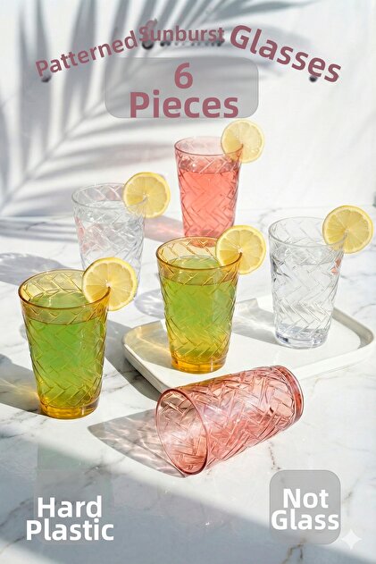 Acrylic Colored Set of 6 Patterned Glasses & Water, Soft Drink, Coffee Side Glasses 330 ml (Not Glass)