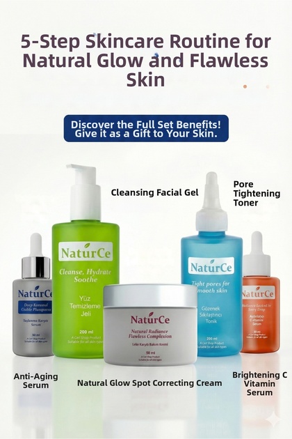 Skin Care Set of 5 Vitamin C and Anti-Aging Serum Tonic Face Wash Gel Anti-Blemish Cream