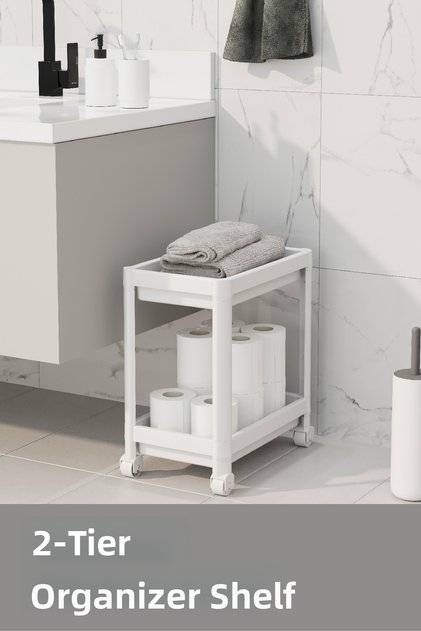 2-tier rolling organizer shelf - bathroom cabinet kitchen counter and under sink organizer white