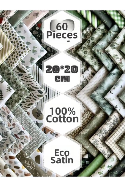 100% Cotton Satin Fabric – 60 Pieces 20X20 Cm, Nature and Forest Themed Patterns, for Patchwork