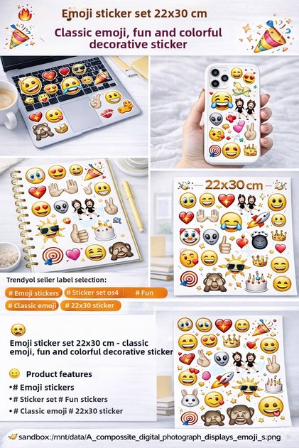 Emoji Sticker Set 22X30 cm – Classic Emoji, Fun and Colorful Decorative Sticker
