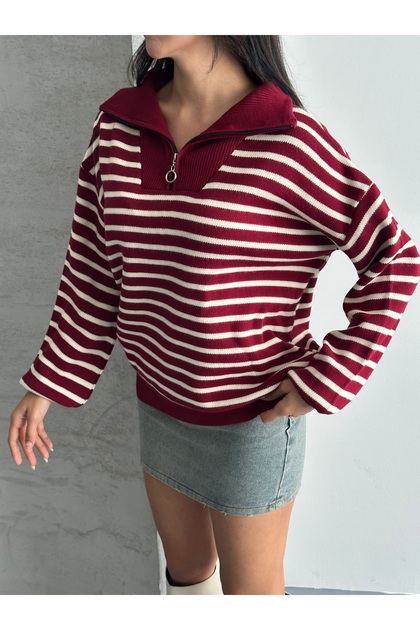 Turtleneck Zippered Striped Sweater