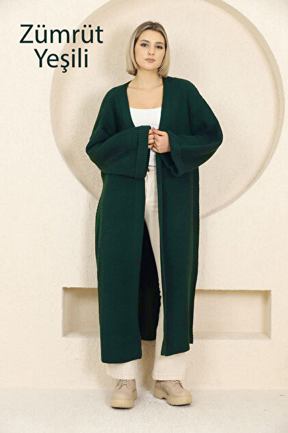 V-Neck Folded Wide Long Sleeve Self-Textured Thick Full Ankle Length Knitwear Cardigan Winter Comfortable
