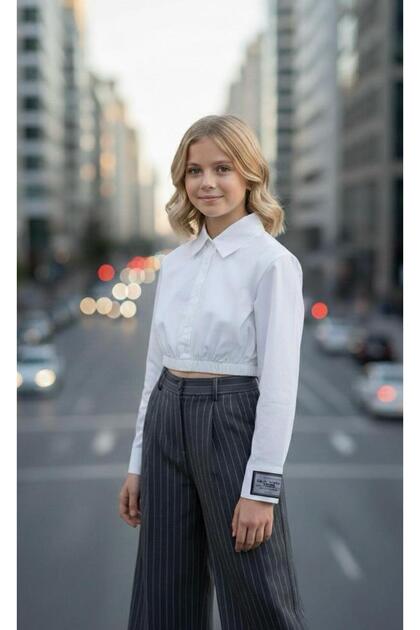 Girl's Padded Design White Shirt with Sleeve Label Striped Wide Leg Trousers 2-Piece Set