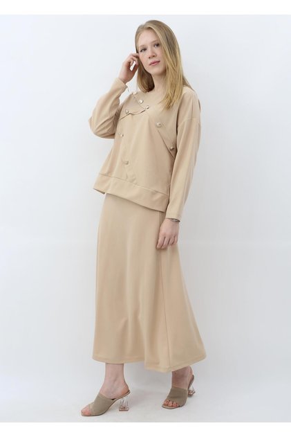 Women's Woven Fabric Button Detailed Long Skirt Hijab Set