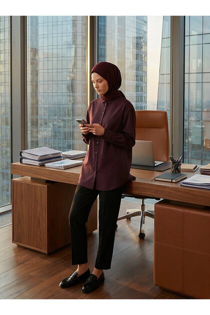 Poplin Fabric Basic Blouse / Shirt - Plum -