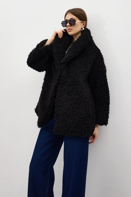Siyah Çıt Çıtlı Peluş Kadın Kaban 8471