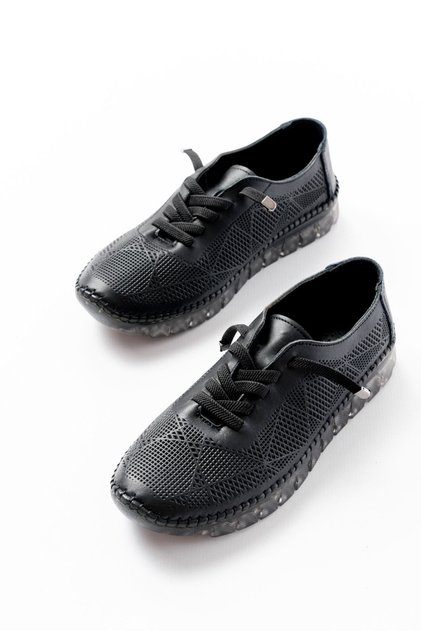 Zri̇n-365 Black Patterned Genuine Leather Full Orthopedic Comfort Sports Ballet Flats