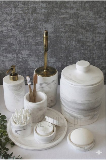 Antique Gold Brushed and Pump-Action Marble-Look Concrete Bathroom Set