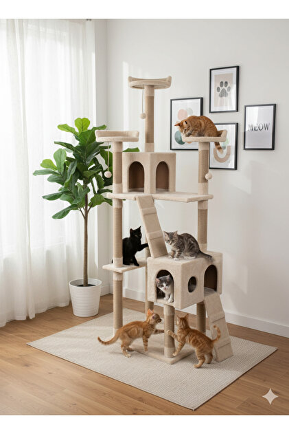 Cat City Yeni Rezidans Kedi Oyun Evi ve Tırmalama Bej