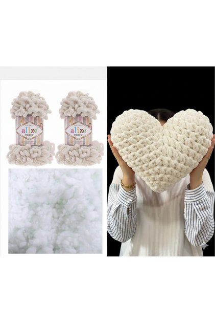 Heart Pillow Puffy Material 2 Pieces Puffy 599 Ivory and 200 Gr. Bead Fiber Set