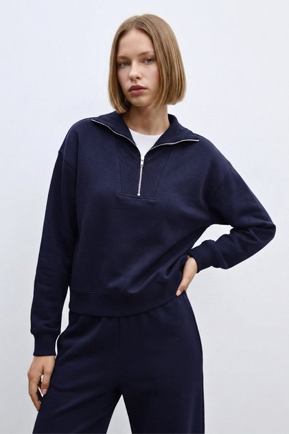 Kahve Fermuarlı Dik Yaka Yumuşak Dokulu Sweatshirt - Lacivert 2