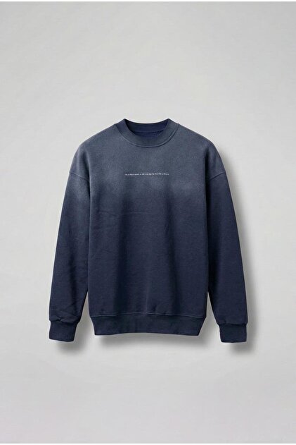 Men's Minimal Text Detailed Washable Sweatshirt Navy Blue