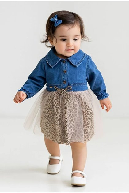 Babydola Denim Shirt Tulle Detailed Leopard Patterned Tutu Baby Dress