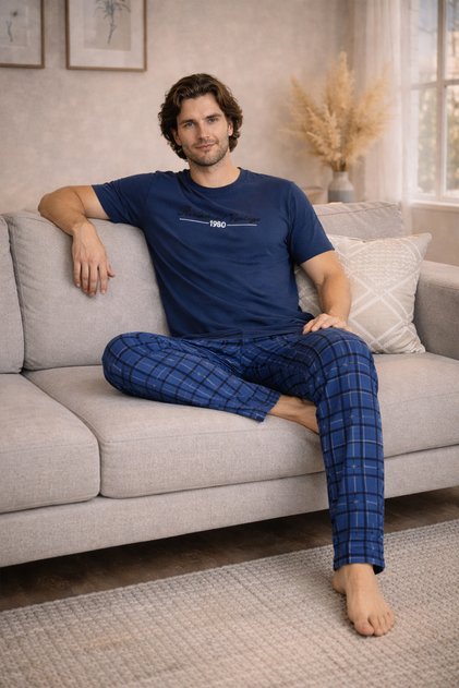 Summer Short Sleeve 100% Cotton Men's Pajama Set - Father's Day Special Series - Men's Plaid Pajama Set