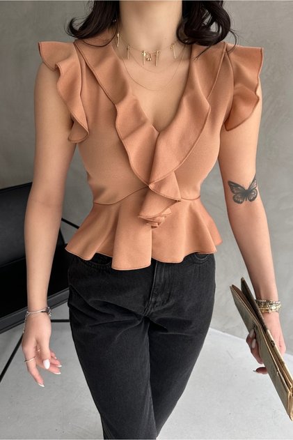 Women's V-Neck Blouse with Ruffle Detail on the Shoulders and Front in Camel Color
