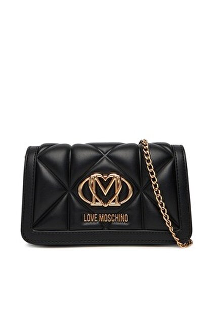 R♡　レディース　BLK XS Love Moschino Kadın Dikiş Detaylı Zincir Omuz Askılı Gold Logolu