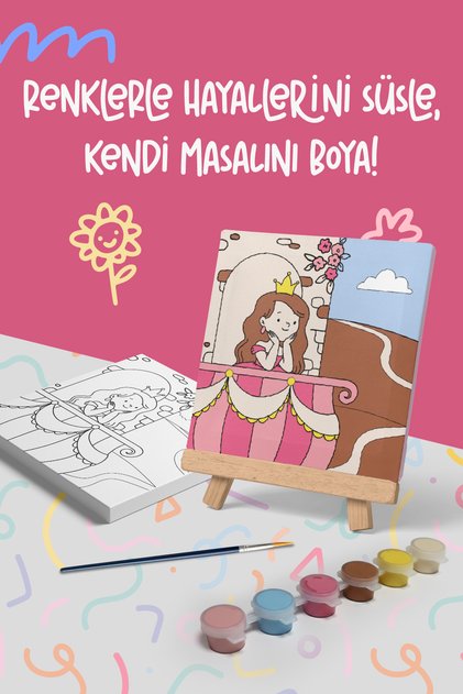 Prenses Temalı Çocuk Şövale Tuval Boyama Seti | Ahşap Şövale+Tuval+6 Renk Akrilik Boya+Fırça