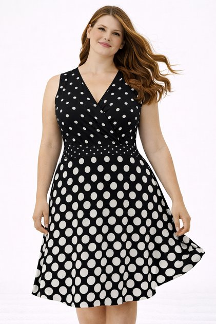Women's Plus Size Black, Polka Dot Print, Wrap Neck, Back Waist Crochet Detail Dress 65N39270