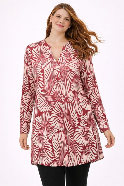 Women's Plus Size Red, Side Slit Cuff Long Sleeve, V-Neck Long Tunic 65N39100