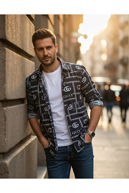 Long Sleeve Cotton Letter Regular Fit Stretch Fabric Men's Shirt