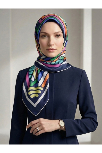 Kadın Lacivert Yeşil Çizgili Geometrik Desen Twill İpek Eşarp 11382-02