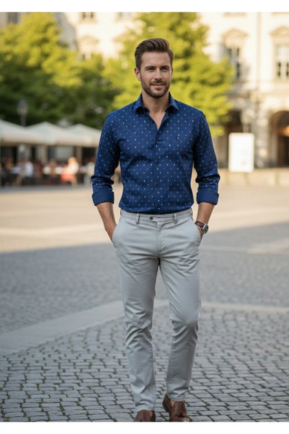 Men's Regular Long Sleeve Dotted Cotton Satin Shirt