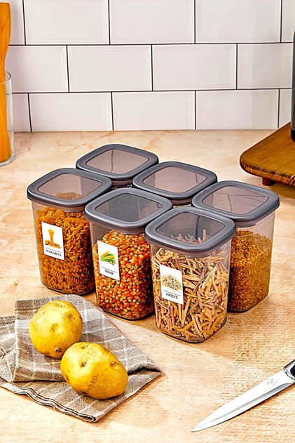 6 Pieces Square Food Storage Container Set with Labels 1200 ml - Hard Lid 1.2 Liter