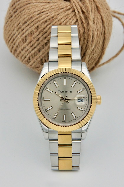 Steel Men's Wristwatch, Waterproof, with Calendar, Guaranteed, Gold and Silver Color Cord, Gray Men's Wristwatch
