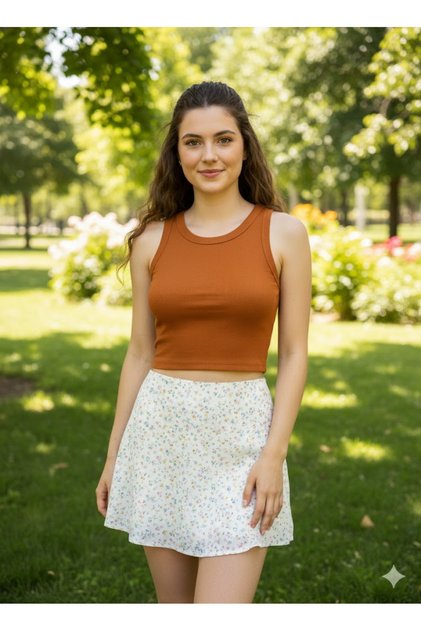Brown Halter Neck Crop Top Darkalıp Ribbed Thick Bias Bustier