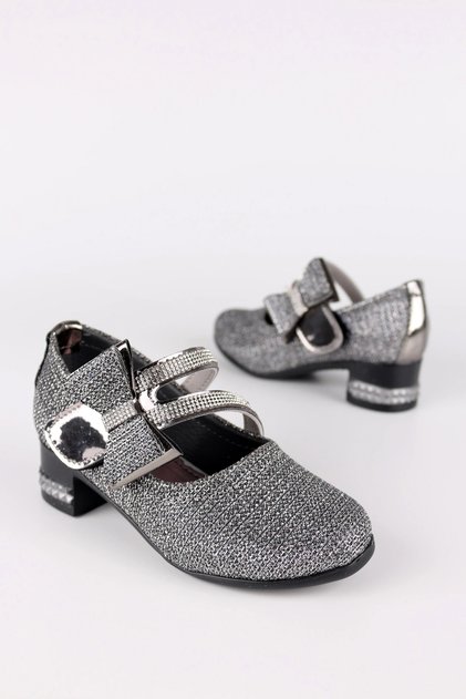 Girl's Shoes Evening Dress Bow Tie Ballerina Shoes with Stones Silvery Gray