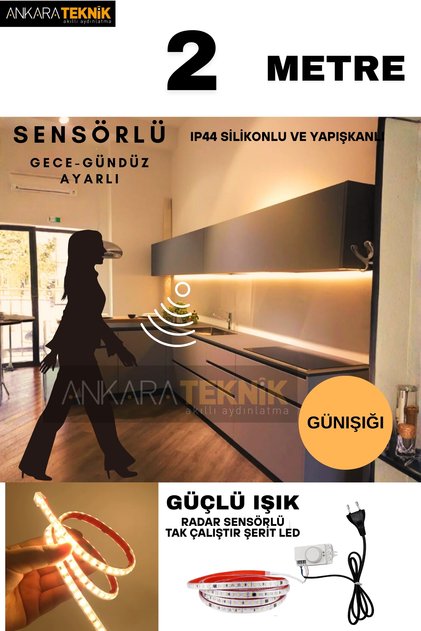 Hareket Sensörlü 220 Volt Silikonlu Günışığı Renk Şerit LED (120 Ledli) / Tak Çalıştır / 2 Metre