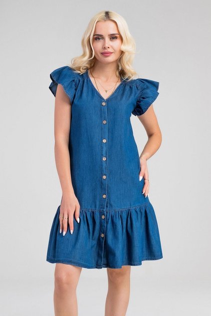 Women's Indigo Color Hem and Sleeve Shirred Buttoned Front Slim Denim Shirt Dress