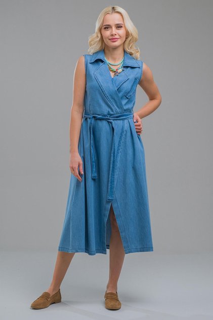 Women's Indigo Double Breasted Belted Slit Maxi Length Men's Collar Jeans Dress with Pockets