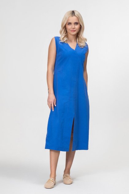 Bold and Young Women's Slit V-Neck Sleeveless Cotton Dress Cobalt Blue