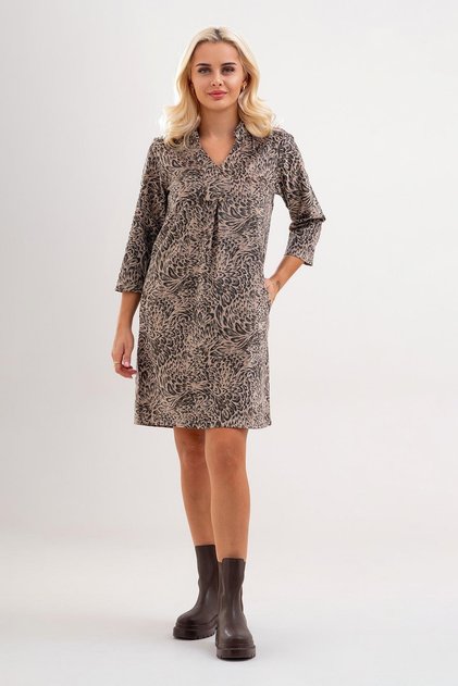 Pocketed washed cotton Stretch Fabric dress - black and beige patterned