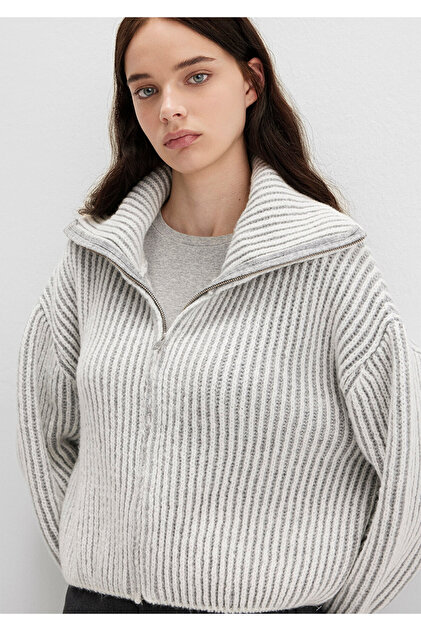 Mavi Fermuarlı Gri Hırka Oversize / Geniş Kesim 1710806-86426