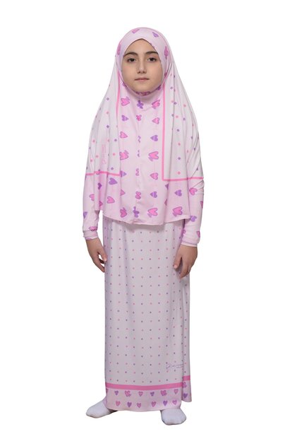 Children's Prayer Suit Practical Two Pieces Patterned Sleeves and Removable Headscarf Lycra Hijab Dress (6-12