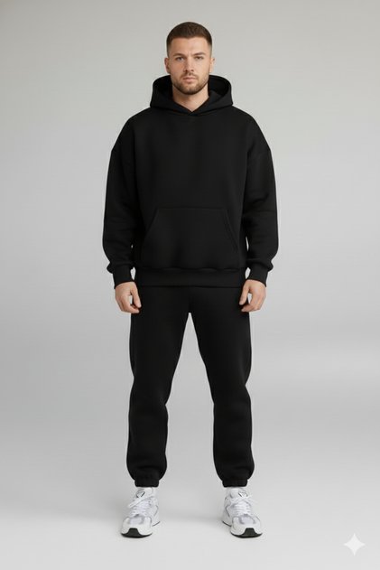 Men's Black Oversized Hooded Tracksuit Set with Fleece Inside
