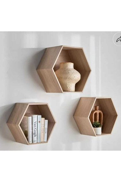 Hexagon Wooden Wall Shelf Set, Engineering wo Floating Shelves, Geometric 3-Piece (45cm, 35cm, 25cm)