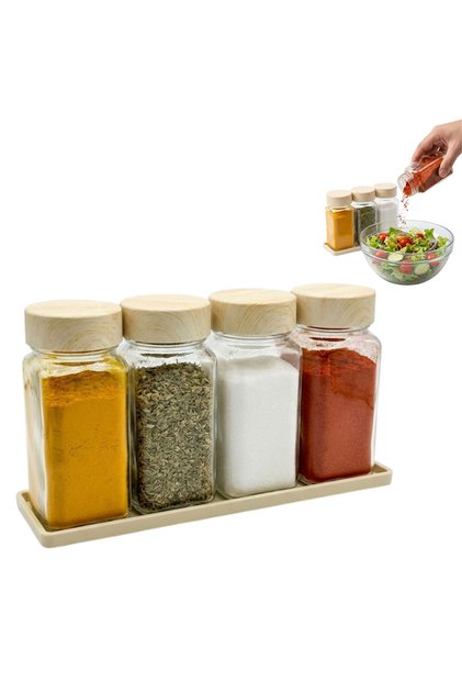 Set de 4 recipiente din sticlă pentru condimente, capac din plastic alimentar, suport din plastic, fără BPA