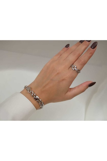 سوار سلسلة كوبا مرصع بالأحجار الكريمة BLK149 فضي - 17 سم + 2 سم إضافي