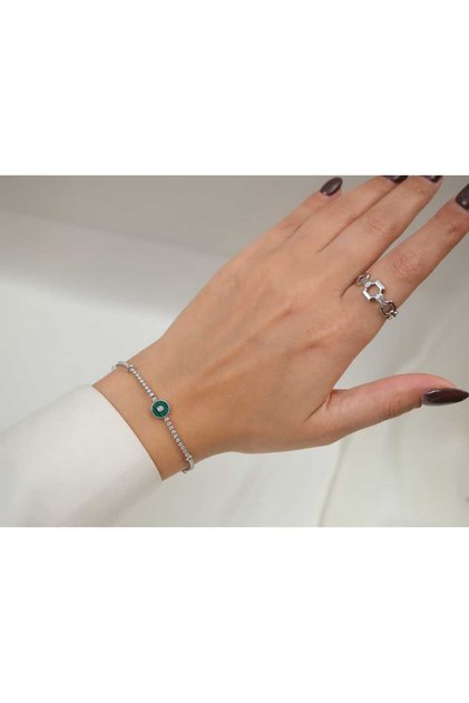 Blk160 Green Motifed Fine Waterway Bracelet Silver - 17 cm + 2 cm Extension