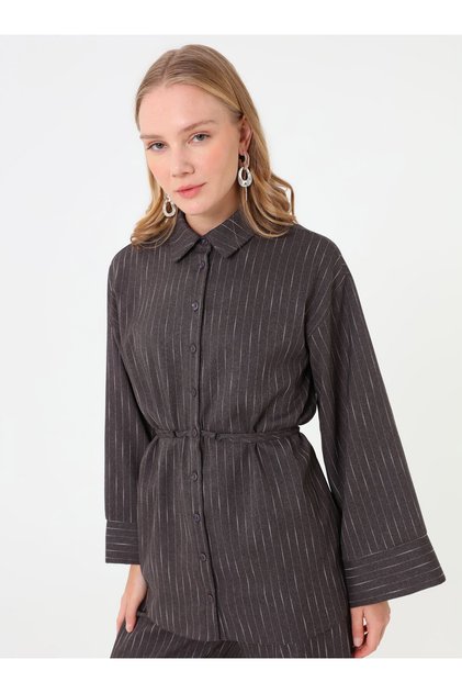 Striped Shirt Pants Two-Piece Set - Gray -