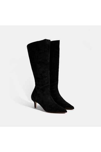 Women's Black Pointed Toe Thin Heeled Suede Boots