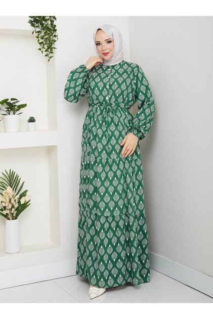 Half Placket Buttoned Viscose Dress - Green -